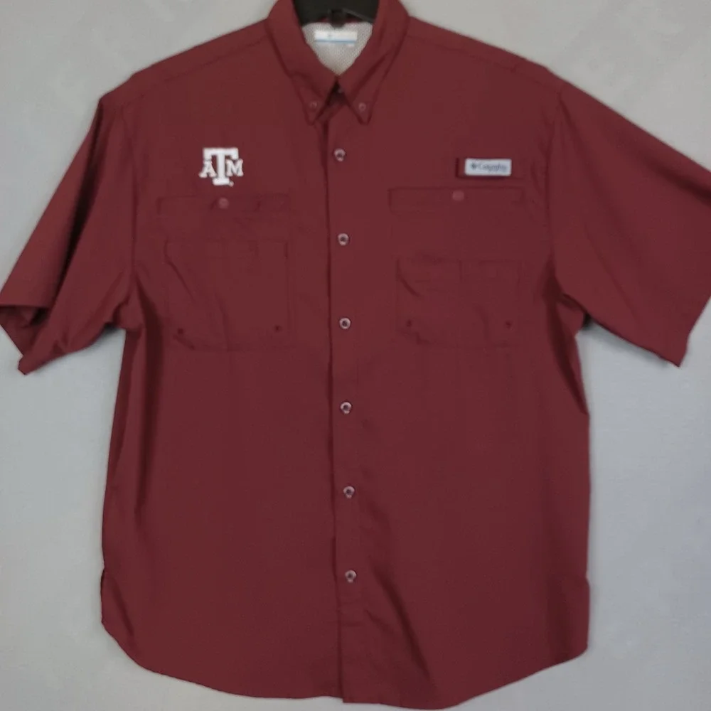 Columbia PFG Texas A&M Shirt Men's M Short Sleeve Button Down Maroon Fishing
